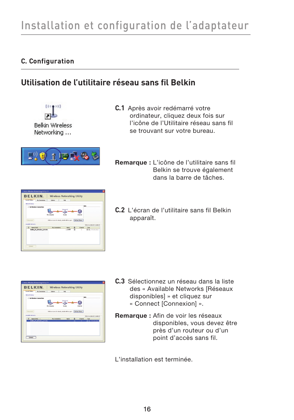 Installation et configuration de l’adaptateur, Utilisation de l’utilitaire réseau sans fil belkin | Belkin F5D8053EA User Manual | Page 66 / 291