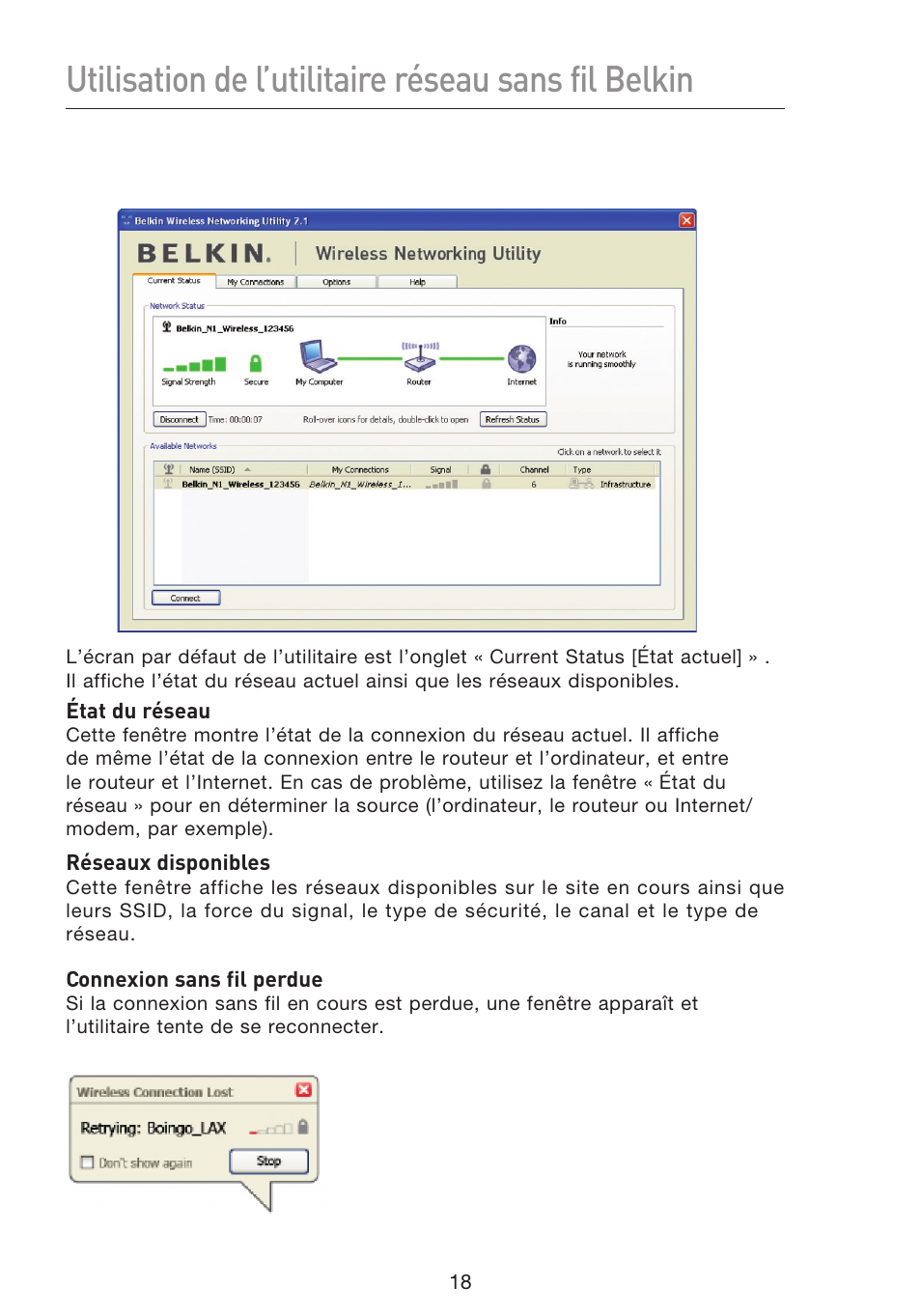 Utilisation de l’utilitaire réseau sans fil belkin | Belkin F5D8053EA User Manual | Page 68 / 291