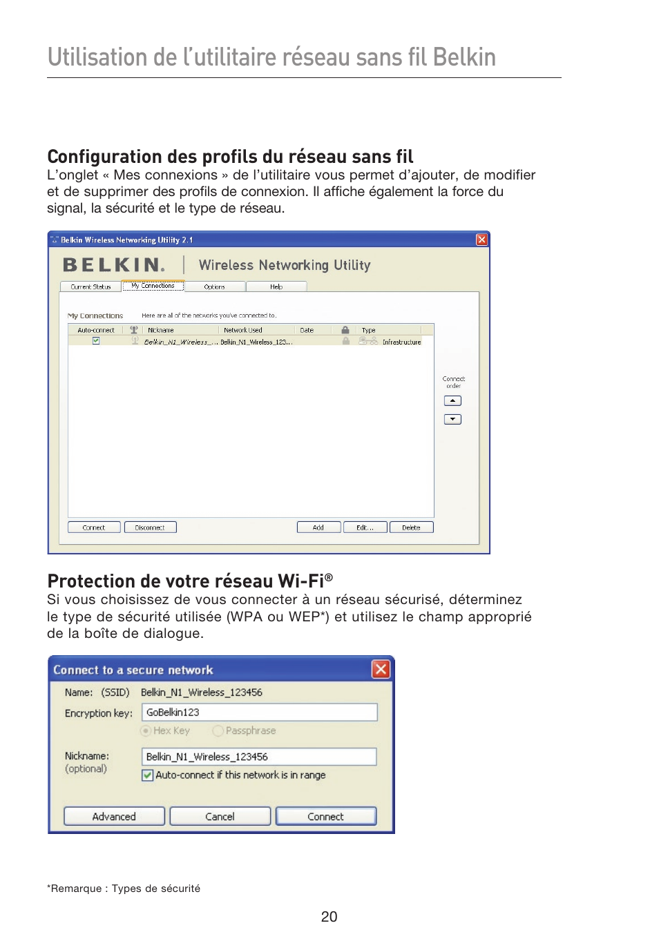 Utilisation de l’utilitaire réseau sans fil belkin, Configuration des profils du réseau sans fil, Protection de votre réseau wi-fi | Belkin F5D8053EA User Manual | Page 70 / 291