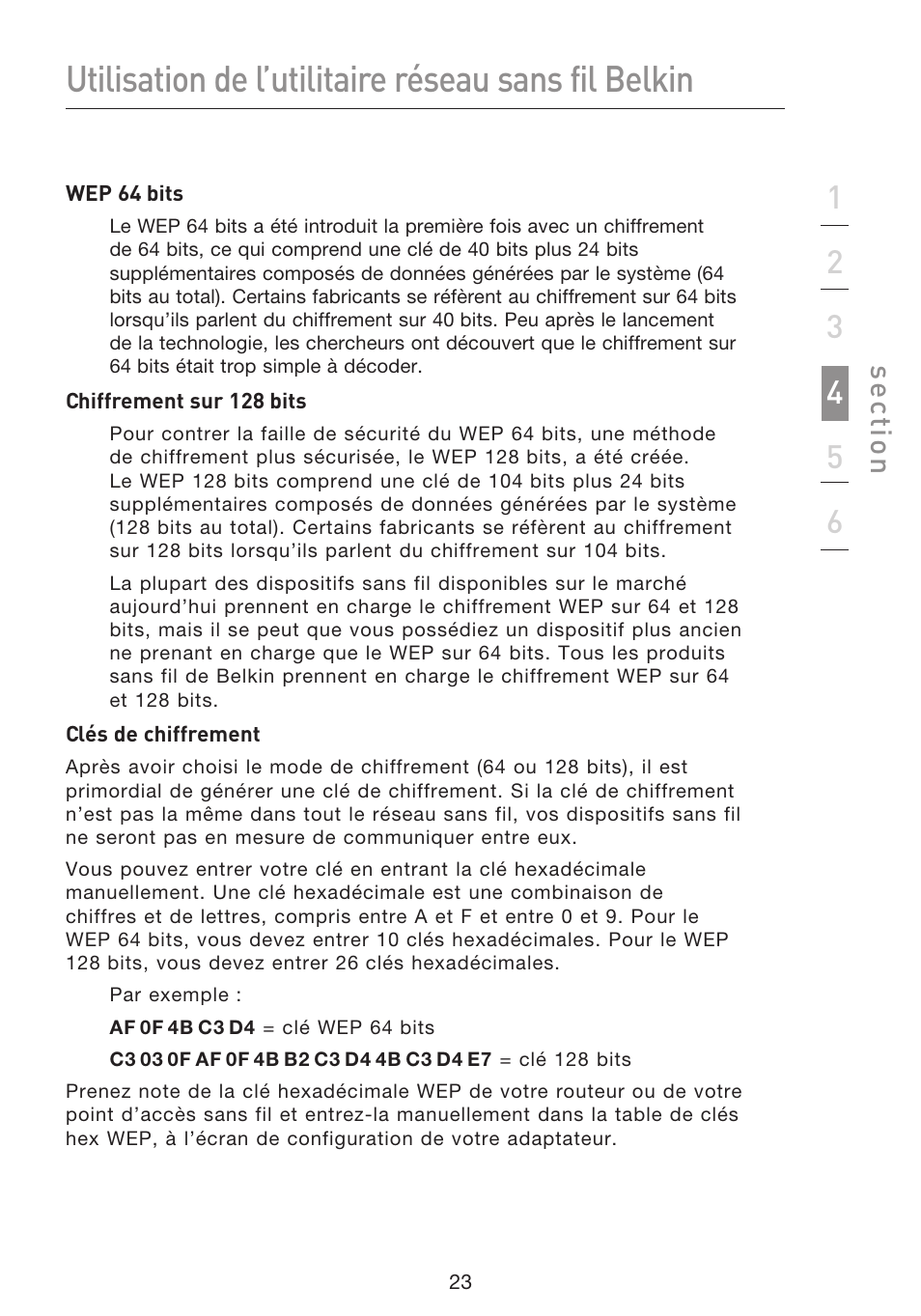 Utilisation de l’utilitaire réseau sans fil belkin, Se ct io n | Belkin F5D8053EA User Manual | Page 73 / 291