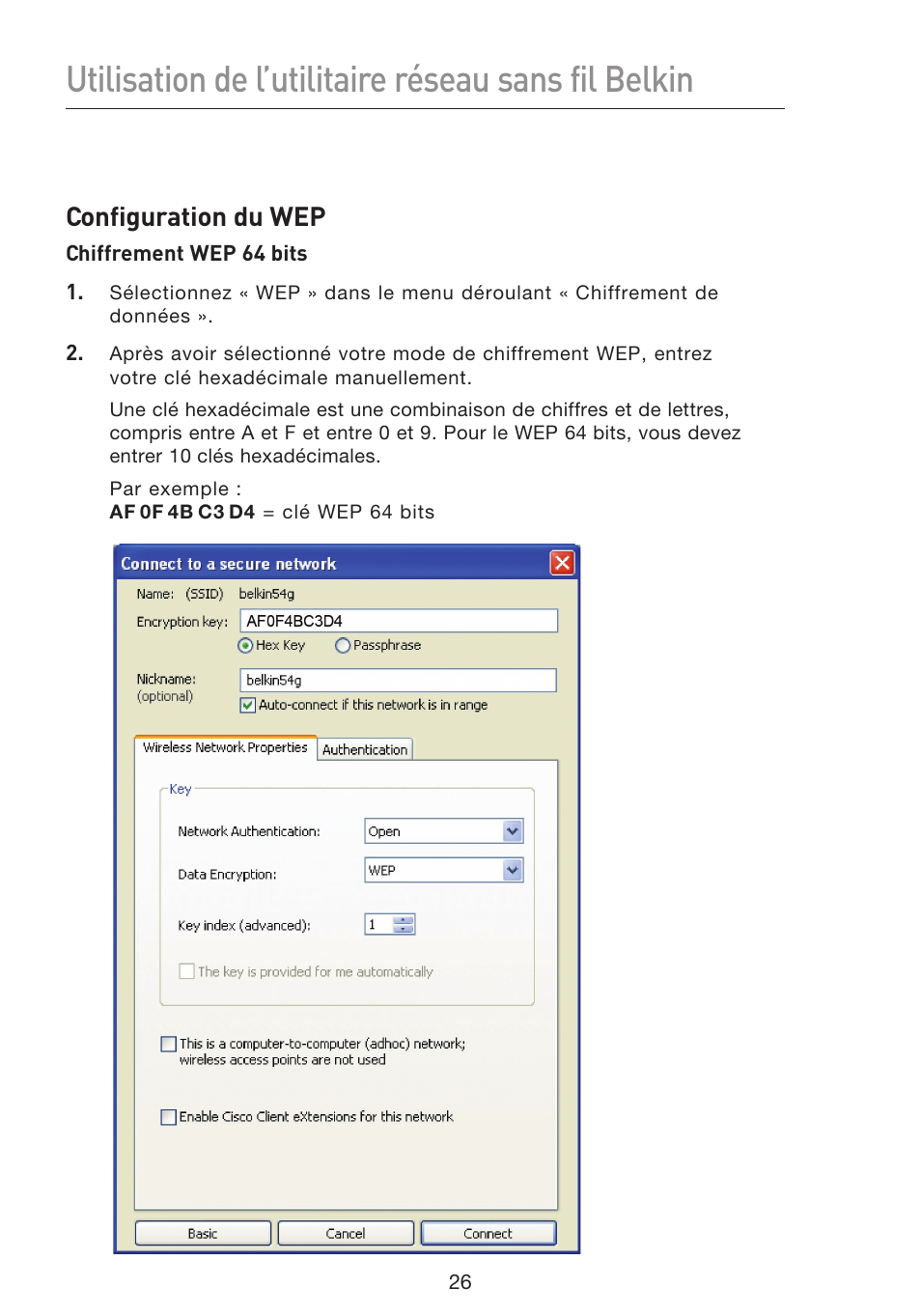 Utilisation de l’utilitaire réseau sans fil belkin, Configuration du wep | Belkin F5D8053EA User Manual | Page 76 / 291