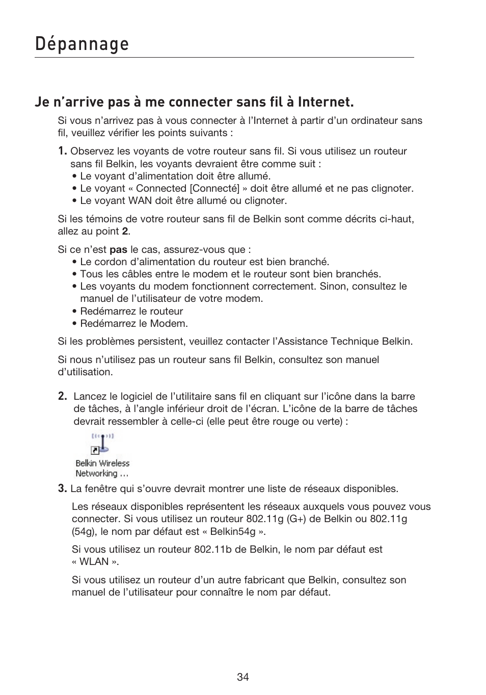 Dépannage, Je n’arrive pas à me connecter sans fil à internet | Belkin F5D8053EA User Manual | Page 84 / 291