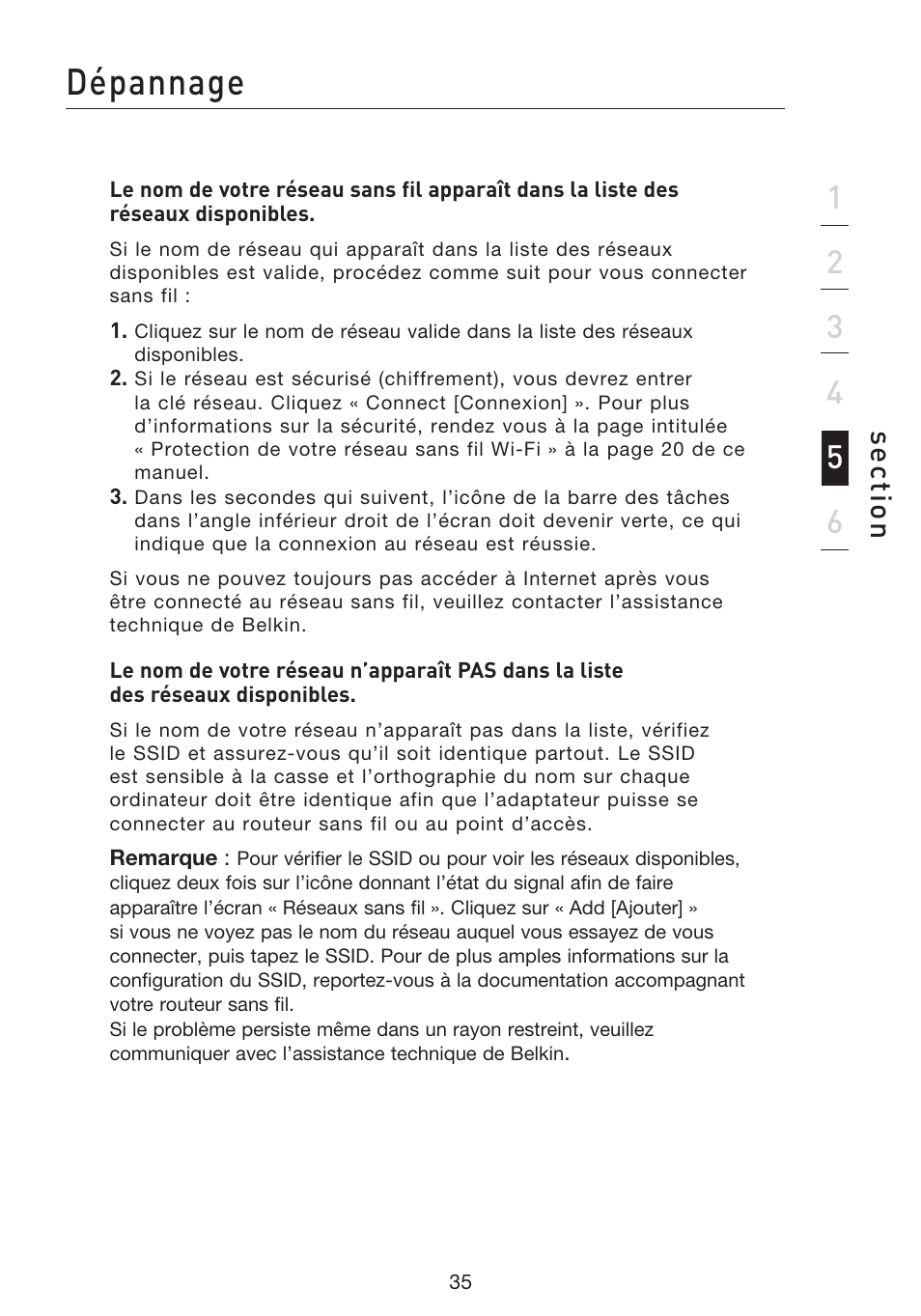 Dépannage, Se ct io n | Belkin F5D8053EA User Manual | Page 85 / 291