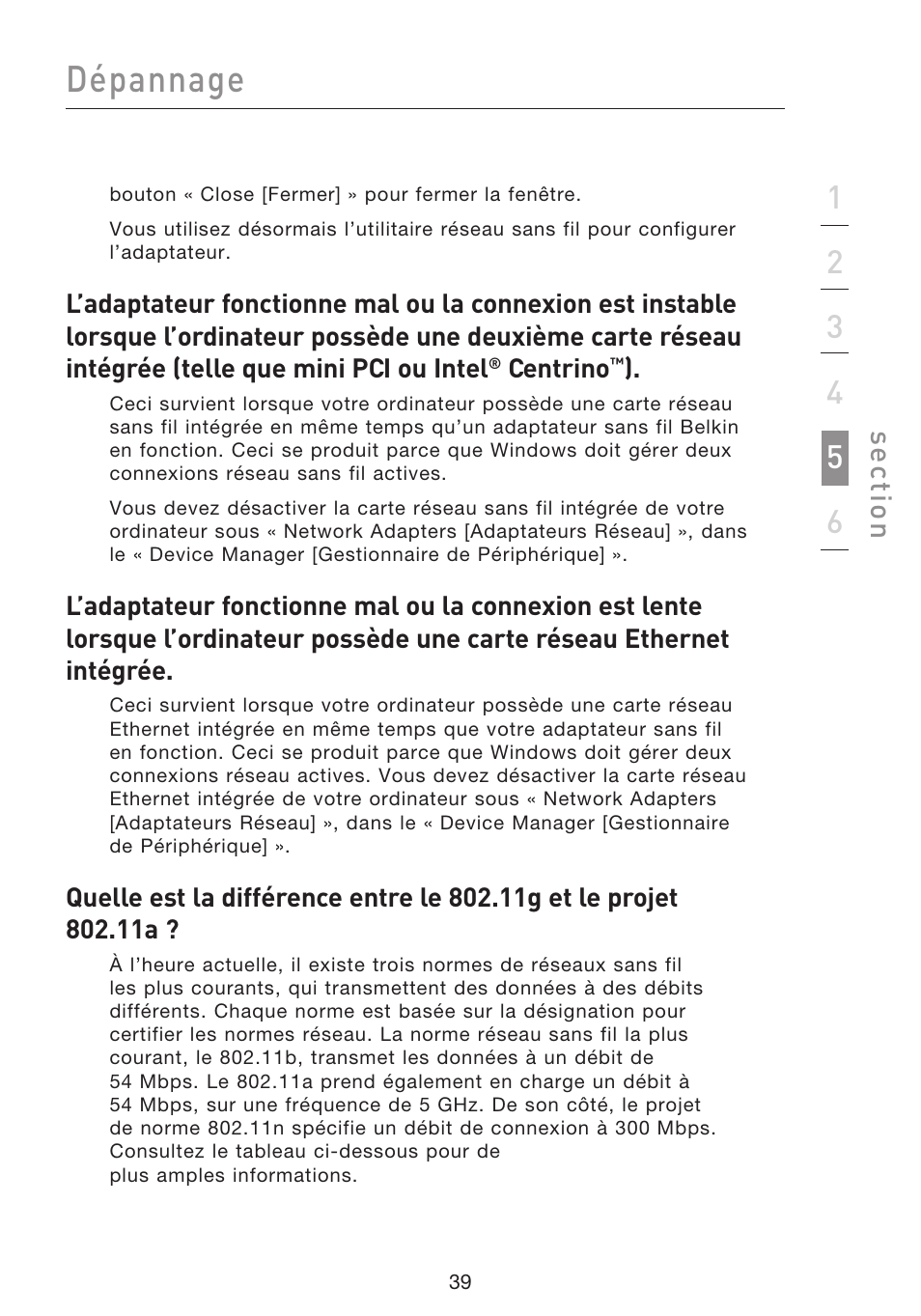 Dépannage, Se ct io n | Belkin F5D8053EA User Manual | Page 89 / 291