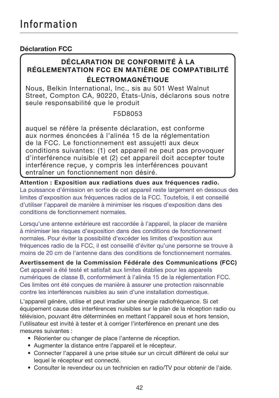Information | Belkin F5D8053EA User Manual | Page 92 / 291