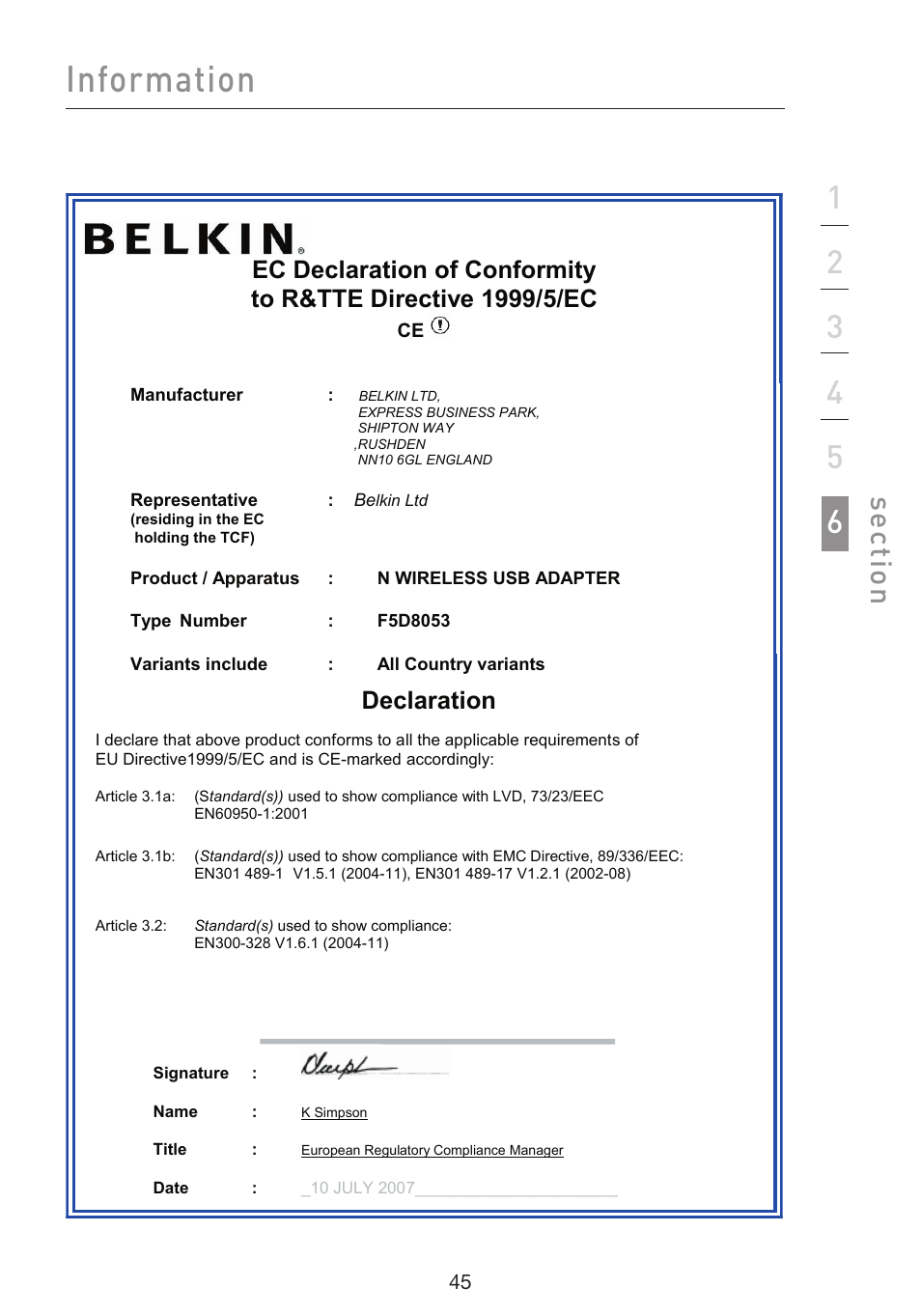 Information, Se ct io n, Declaration | Belkin F5D8053EA User Manual | Page 95 / 291