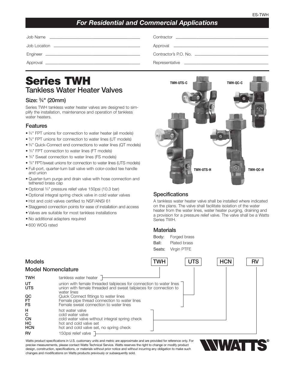 Watts TWH User Manual | 2 pages