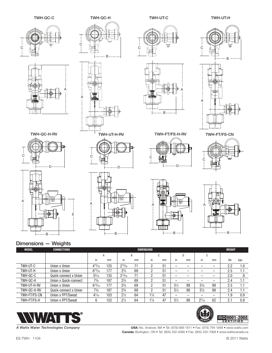 Dimensions — weights | Watts TWH User Manual | Page 2 / 2