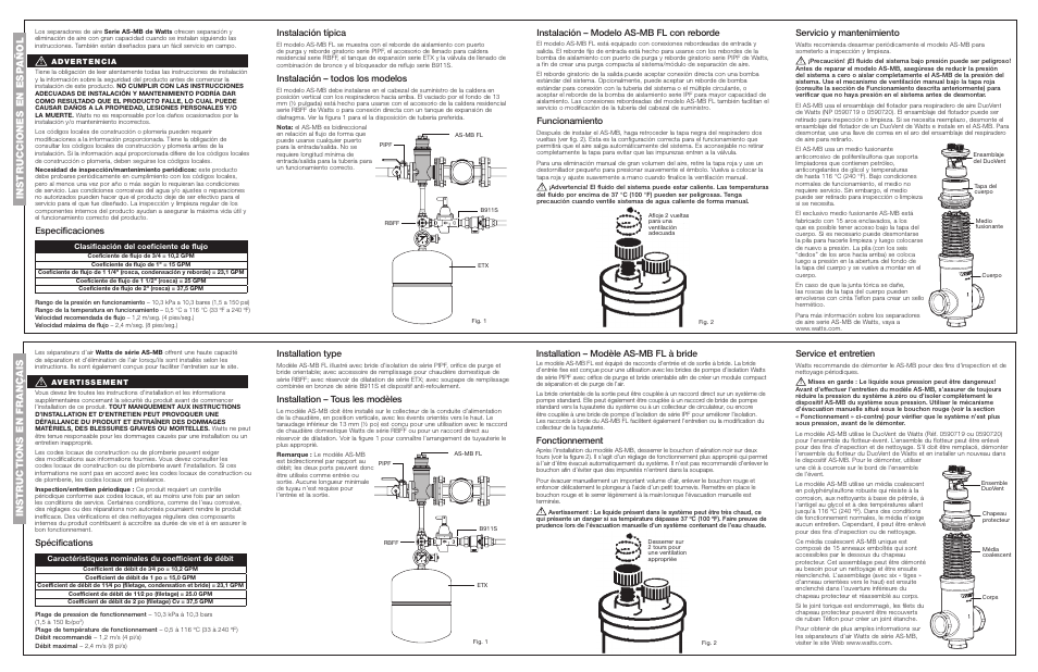 Spécifications, Especificaciones, Installation type | Installation – tous les modèles, Instalación típica, Instalación – todos los modelos, Installation – modèle as-mb fl à bride, Fonctionnement, Instalación – modelo as-mb fl con reborde, Funcionamiento | Watts AS-MB User Manual | Page 2 / 2