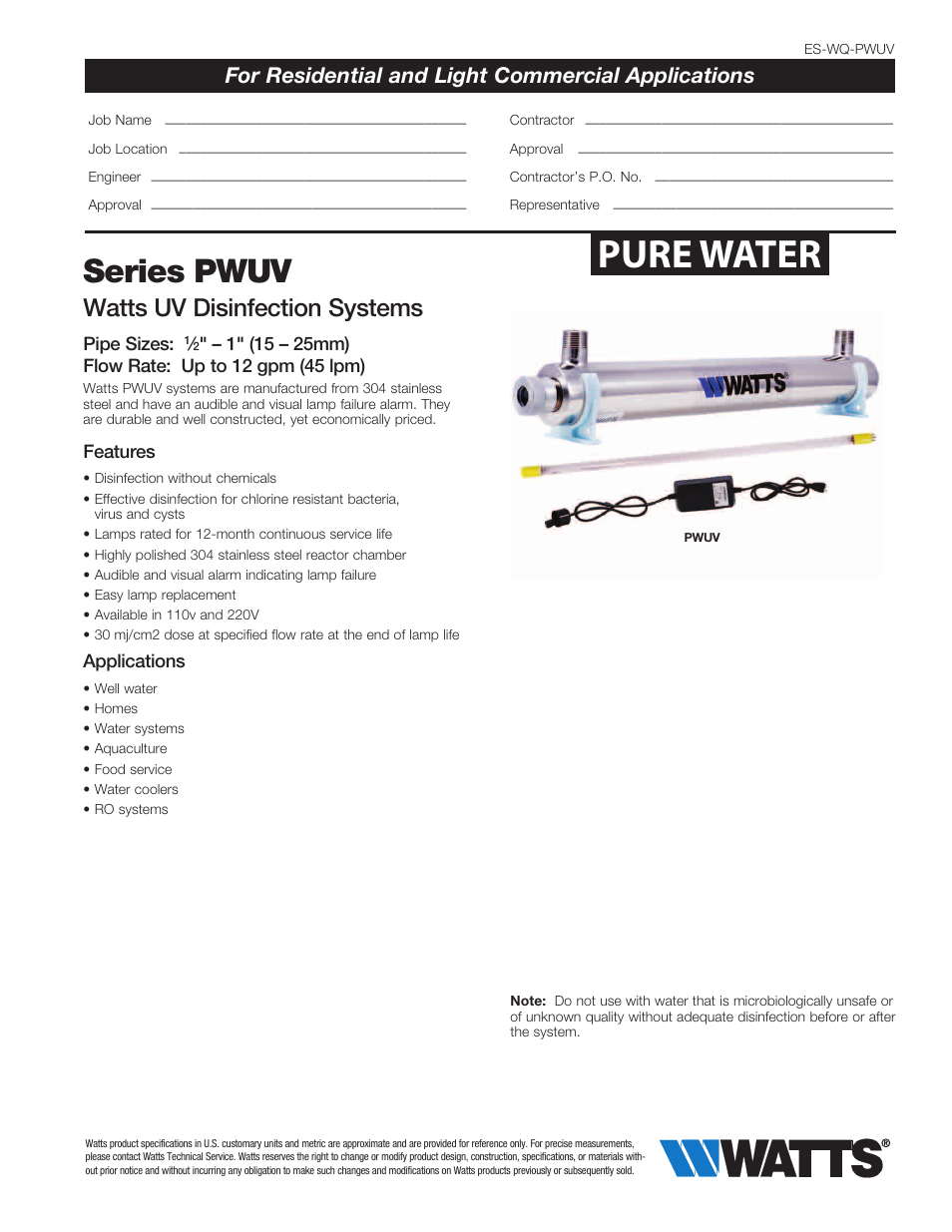 Watts PWUVQ User Manual | 2 pages