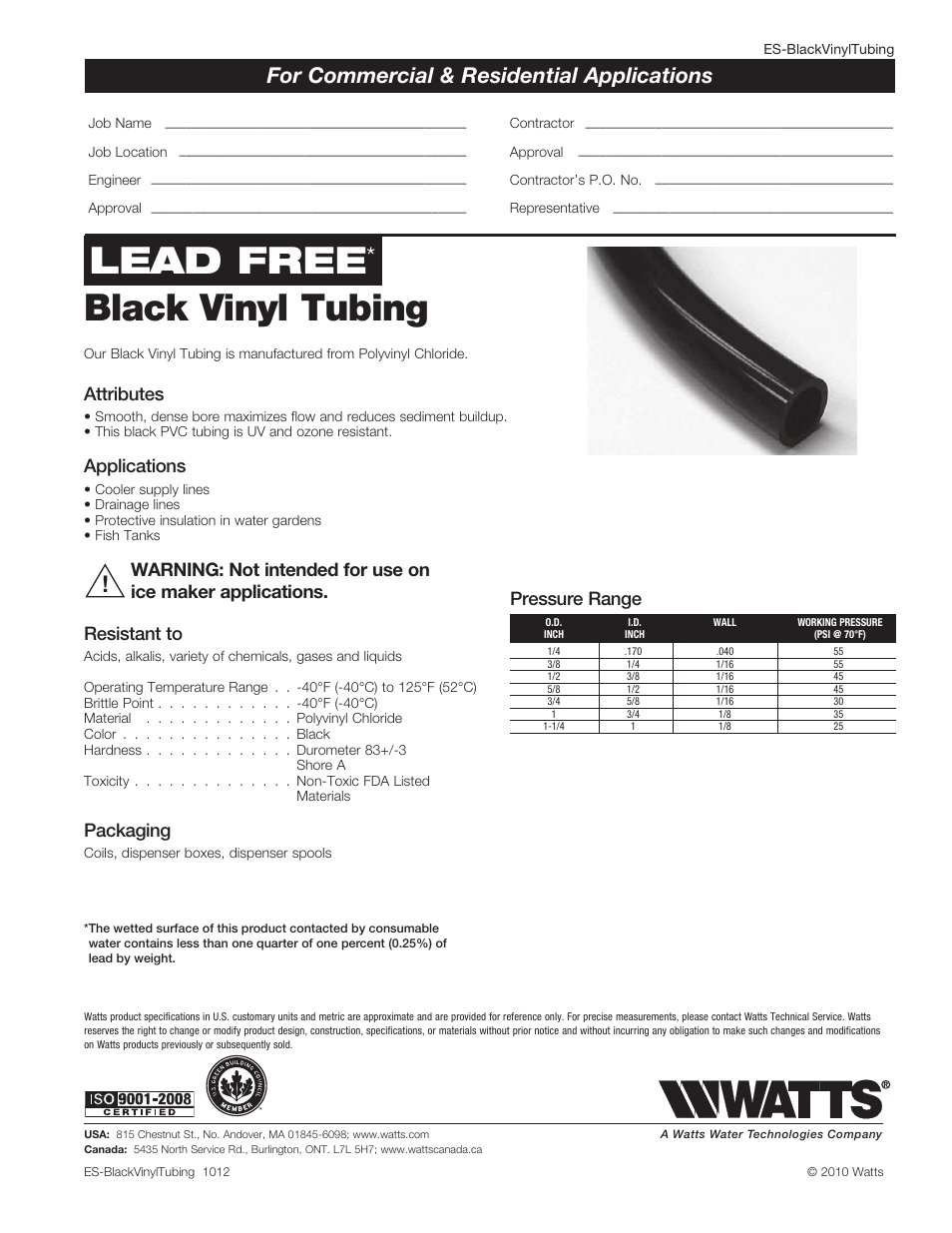 Watts Vinyl Tubing - Reels User Manual | 1 page