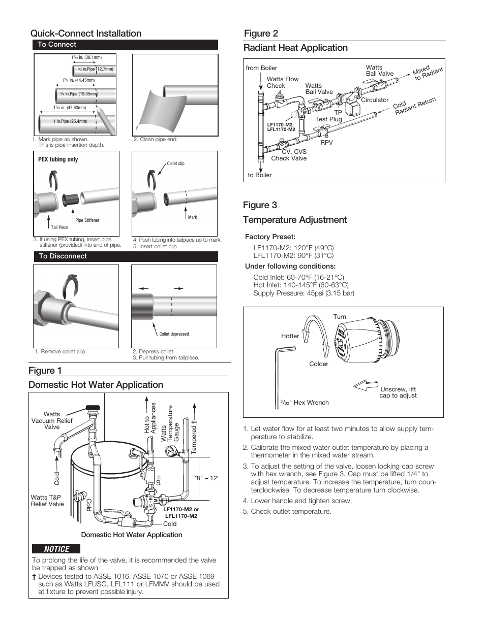 Figure 2 radiant heat application, Figure 3 temperature adjustment, Quick-connect installation | Figure 1 domestic hot water application, Notice | Watts LFL1170 User Manual | Page 2 / 4