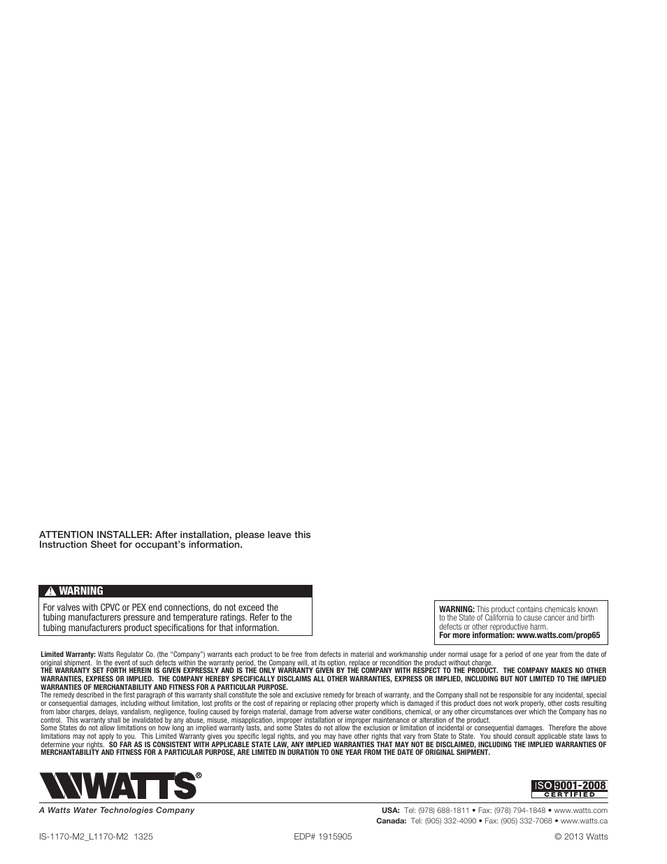 Warning | Watts LFL1170 User Manual | Page 4 / 4