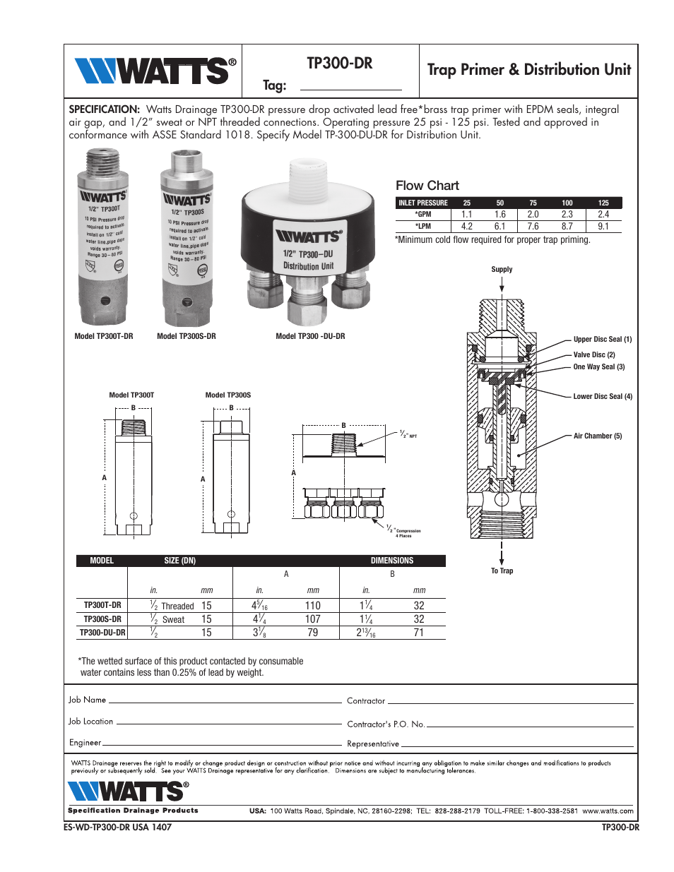 Watts TP300-DR User Manual | 1 page