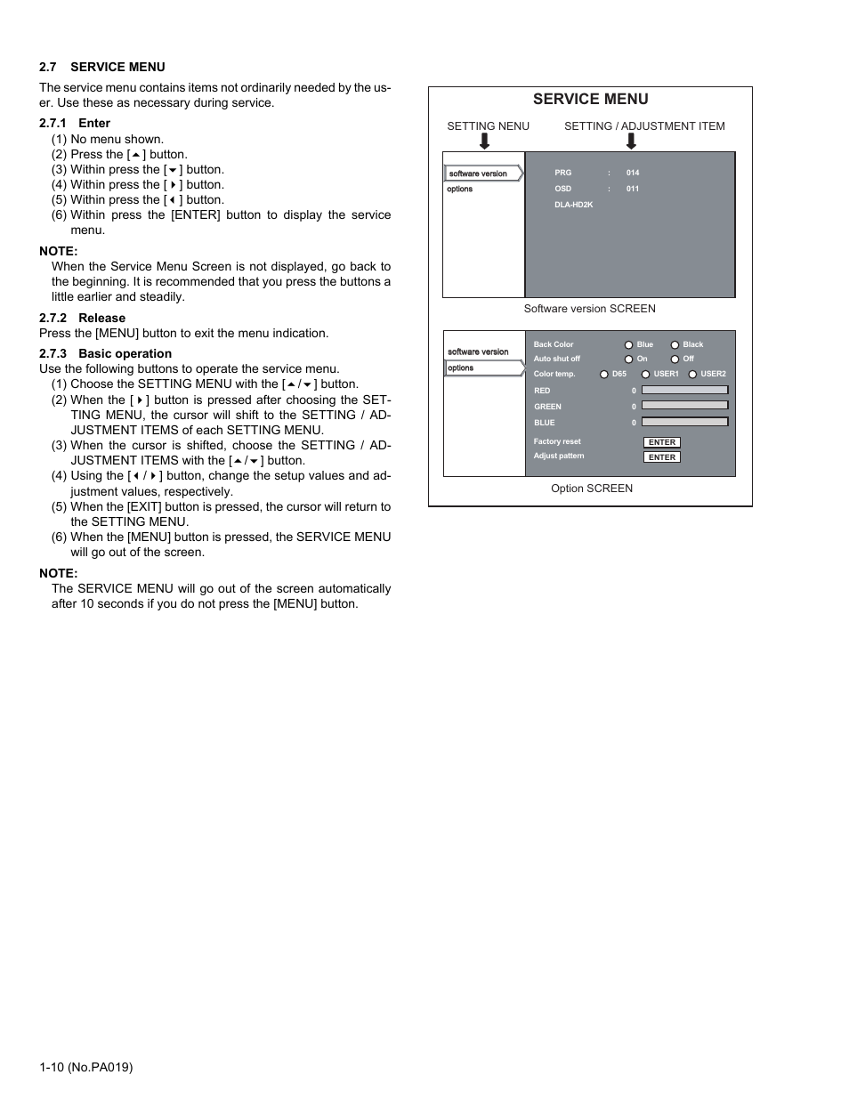 7 service menu, Service menu | JVC DLA-HD2KU User Manual | Page 10 / 34