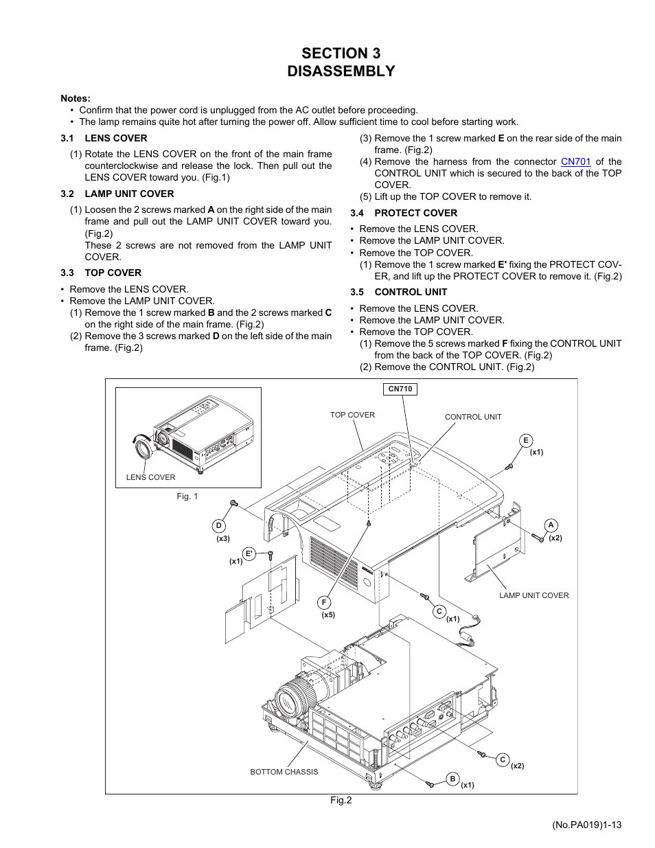 Section 3 disassembly, 1 lens cover, 2 lamp unit cover | 3 top cover, 4 protect cover, 5 control unit | JVC DLA-HD2KU User Manual | Page 13 / 34