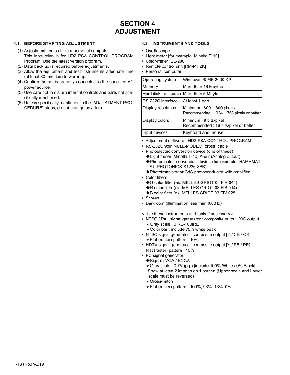 Section 4 adjustment, 1 before starting adjustment, 2 instruments and tools | JVC DLA-HD2KU User Manual | Page 18 / 34