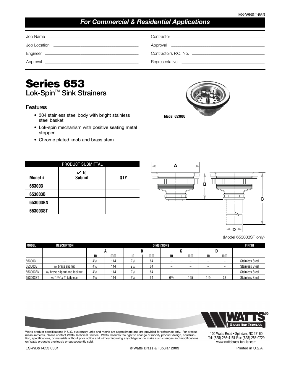 Watts 653 User Manual | 1 page