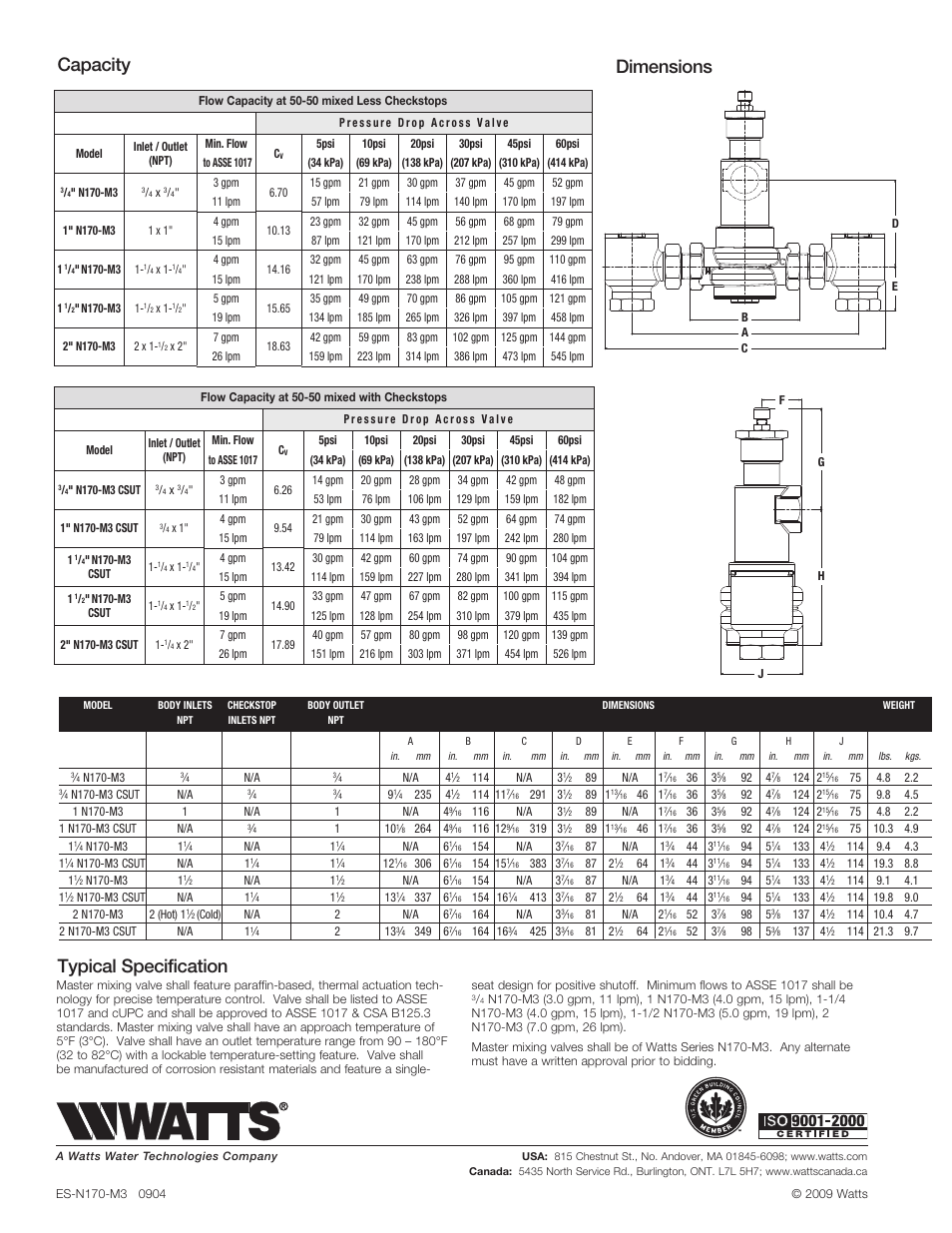 Capacity dimensions typical specification | Watts N170 CSUT User Manual | Page 2 / 2