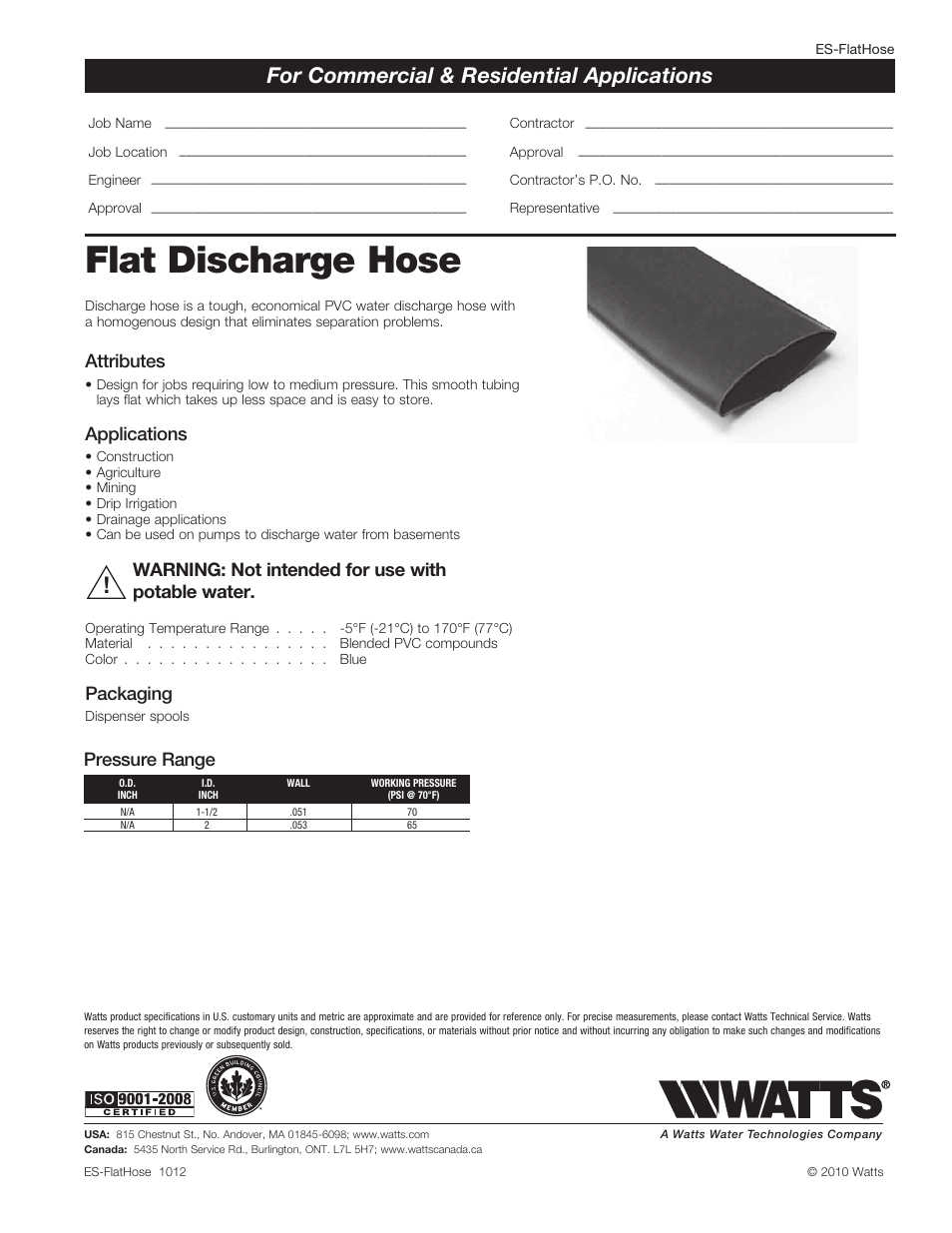 Watts Flat Discharge Hose - Reels User Manual | 1 page