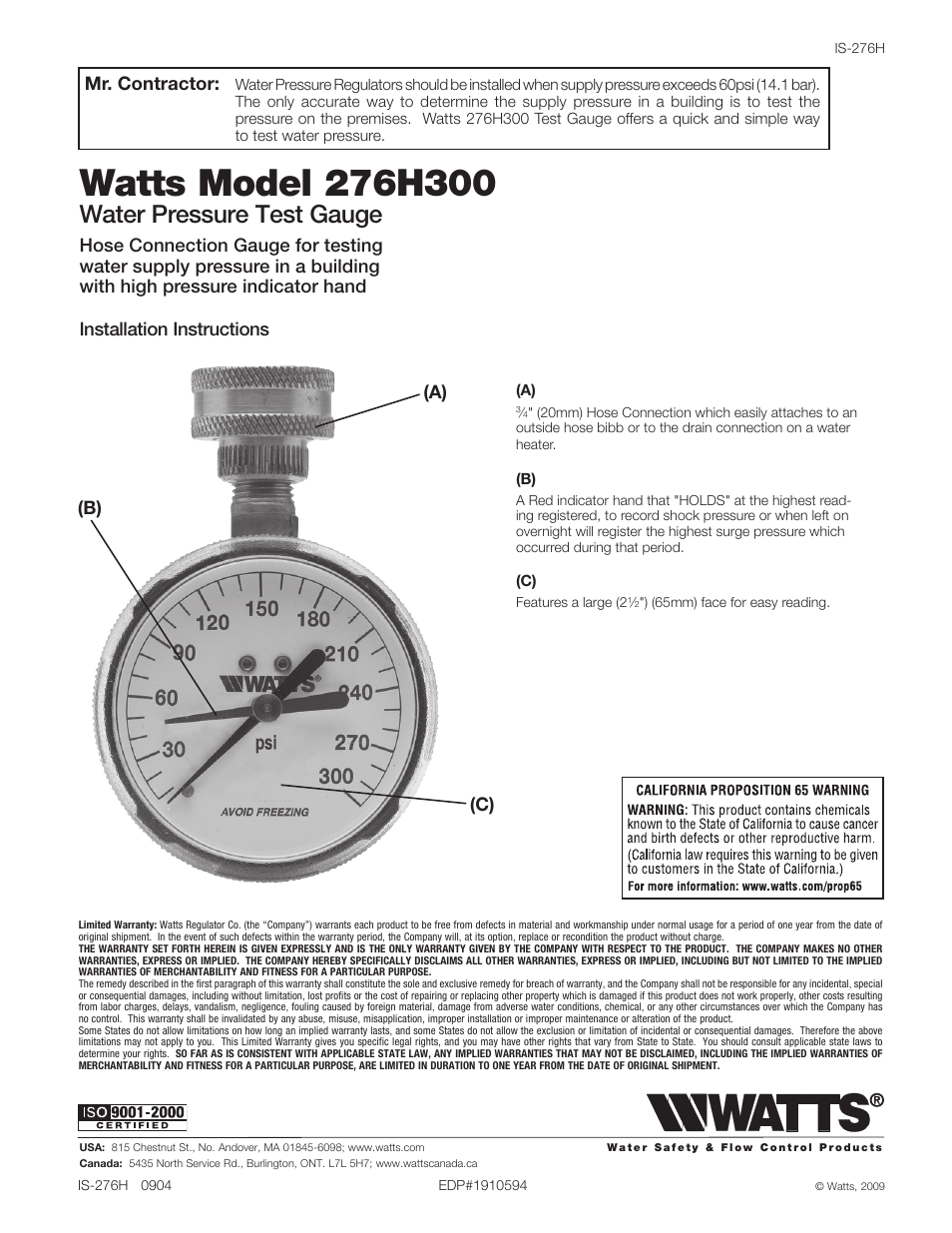 Watts 276H300 User Manual | 1 page