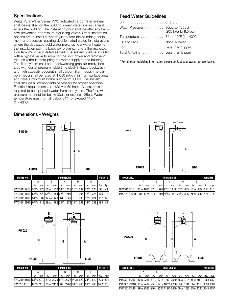 Dimensions - weights feed water guidelines, Specifications | Watts PWC (3-35CUFT) User Manual | Page 2 / 3