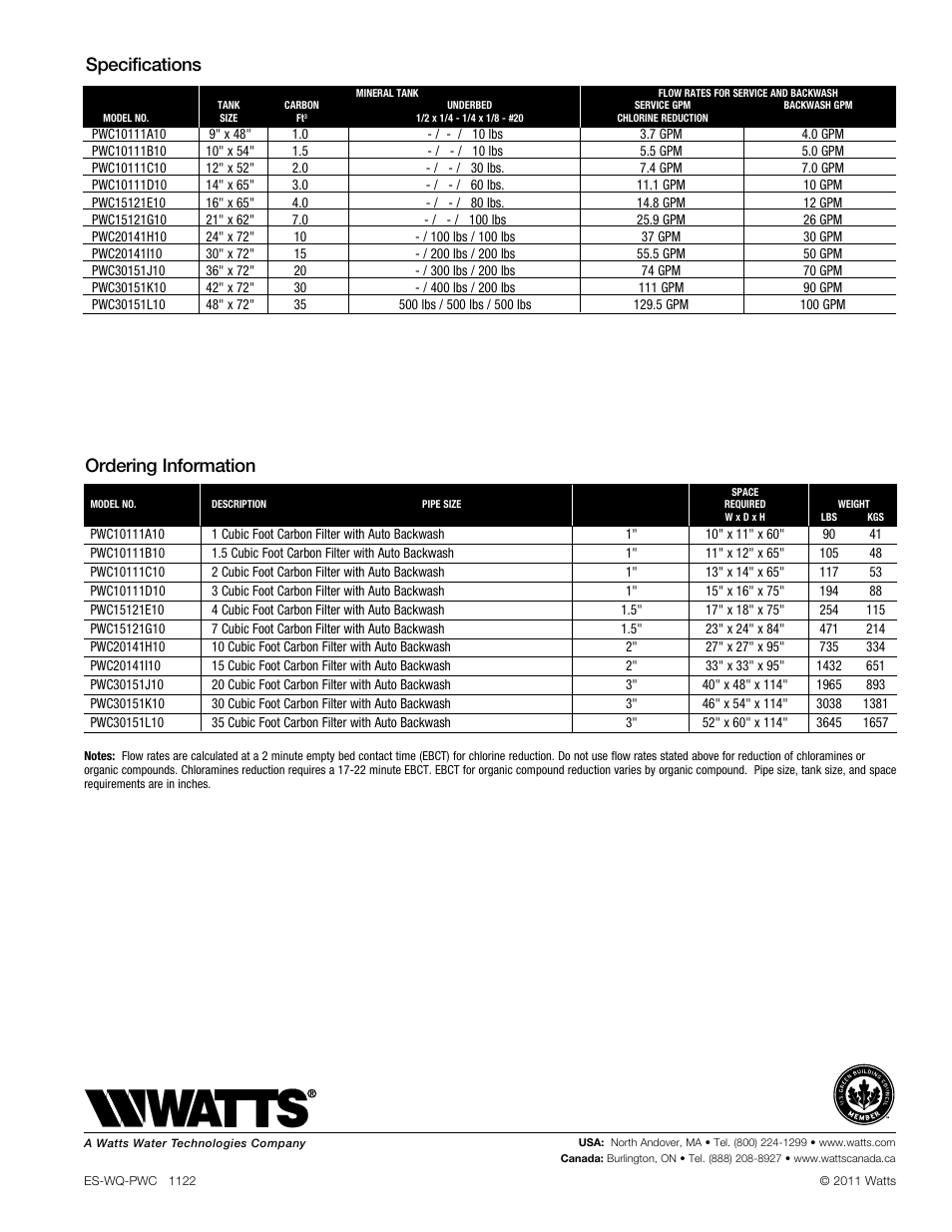 Specifications ordering information | Watts PWC (3-35CUFT) User Manual | Page 3 / 3