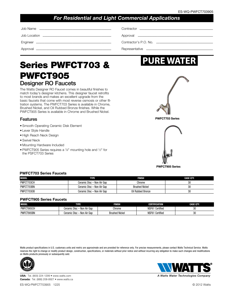 Watts PWFCT905 User Manual | 1 page