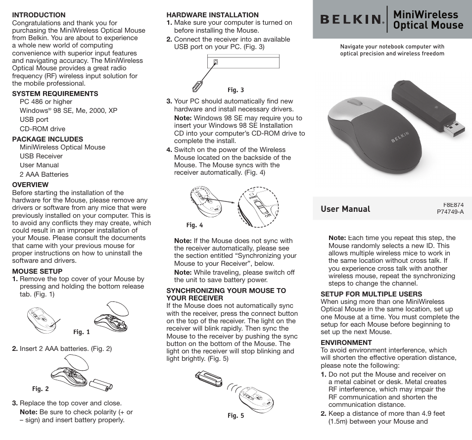 Belkin MiniWireless F8E874 User Manual | 2 pages