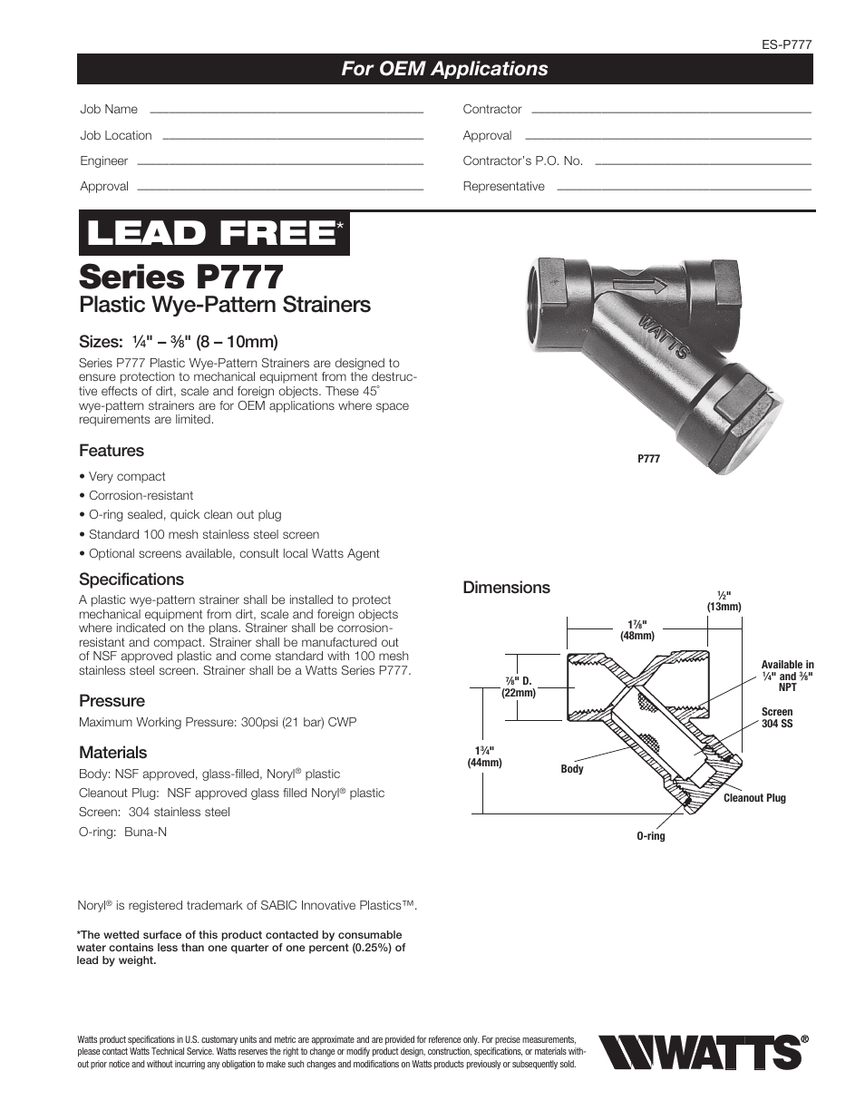 Watts P777 User Manual | 2 pages