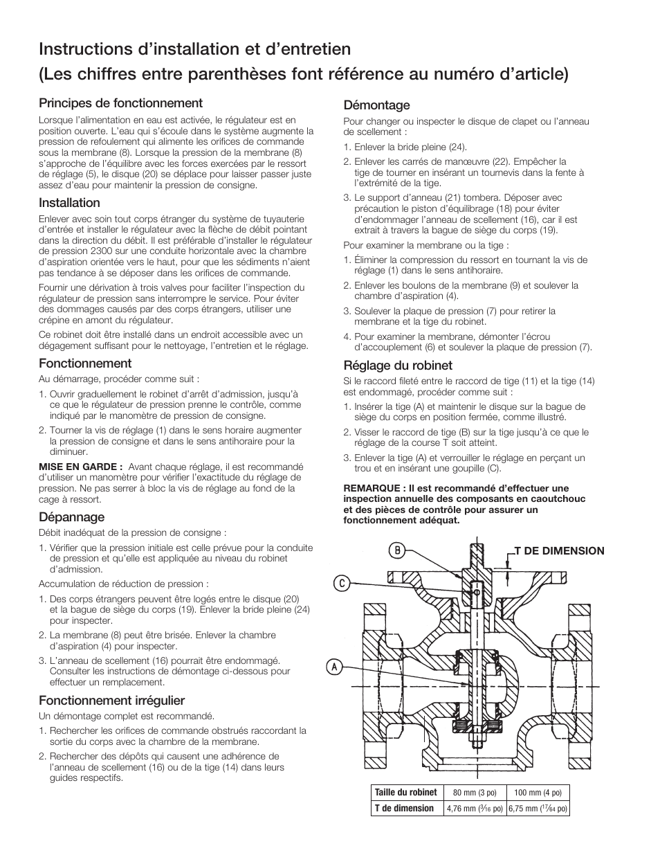 Principes de fonctionnement, Installation, Fonctionnement | Dépannage, Fonctionnement irrégulier, Démontage, Réglage du robinet | Watts 2300 User Manual | Page 10 / 12