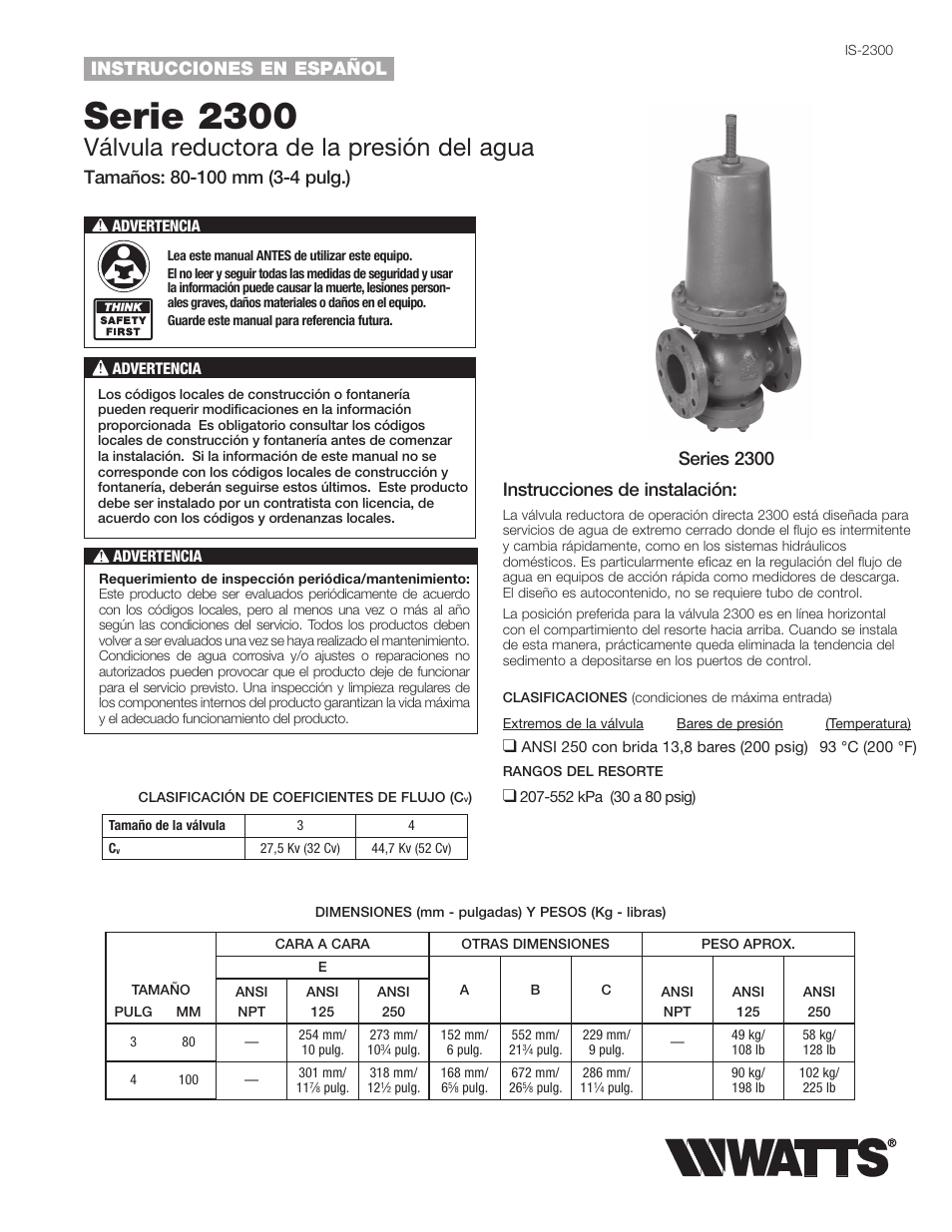 Serie 2300, Válvula reductora de la presión del agua, Instrucciones de instalación | Instrucciones en español, Series 2300 | Watts 2300 User Manual | Page 5 / 12