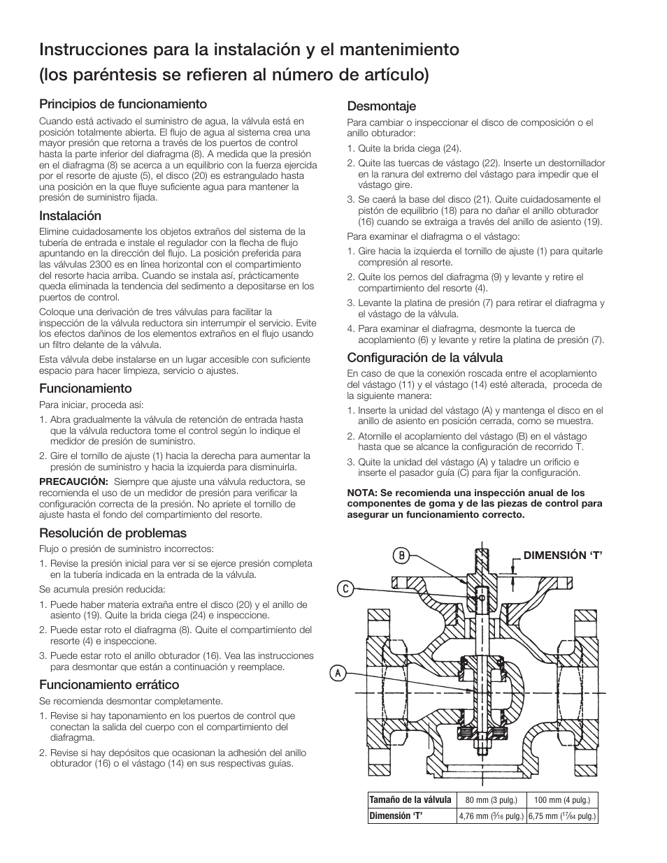 Principios de funcionamiento, Instalación, Funcionamiento | Resolución de problemas, Funcionamiento errático, Desmontaje, Configuración de la válvula | Watts 2300 User Manual | Page 6 / 12