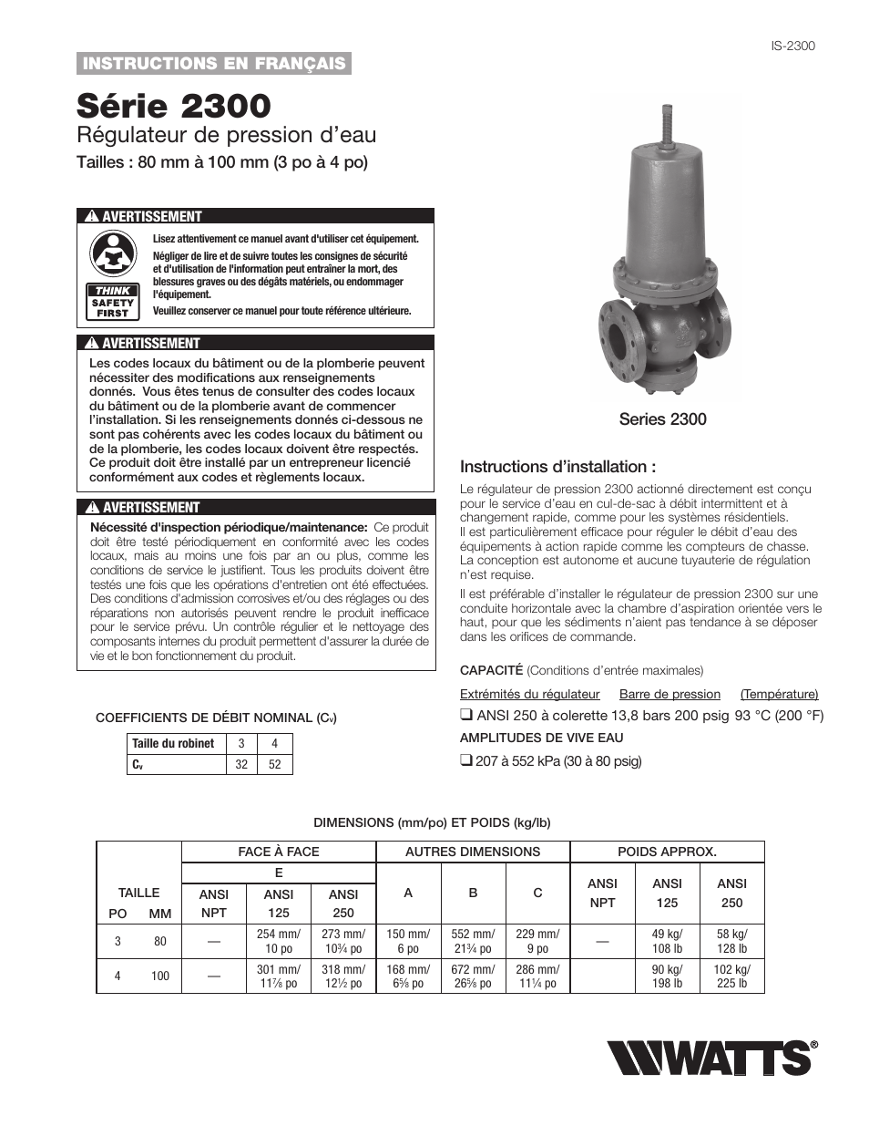 Série 2300, Régulateur de pression d’eau, Instructions d’installation | Instructions en français, Series 2300 | Watts 2300 User Manual | Page 9 / 12