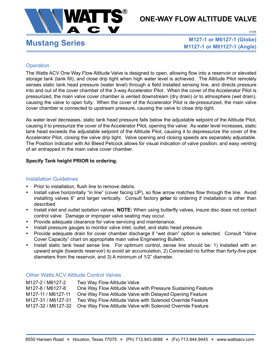 Watts M1127-1 User Manual | 1 page