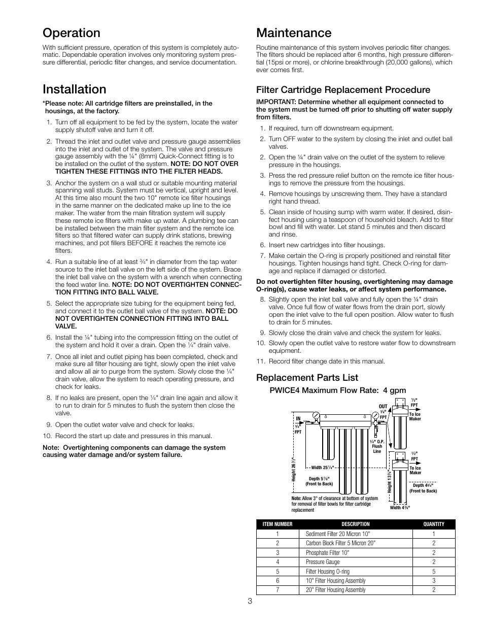 Operation, Installation, Maintenance | Filter cartridge replacement procedure, Replacement parts list, Pwice4 maximum flow rate: 4 gpm | Watts PWICE4 User Manual | Page 3 / 4