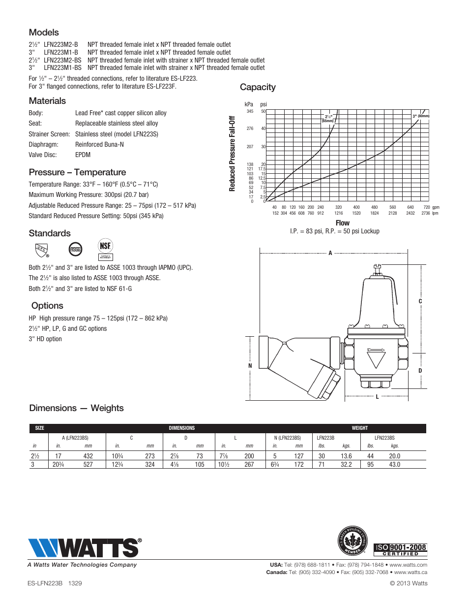 Models, Materials, Pressure – temperature | Standards, Options, Capacity, Dimensions — weights, Reduced pressure fall-off flow | Watts LFN223BS User Manual | Page 2 / 2