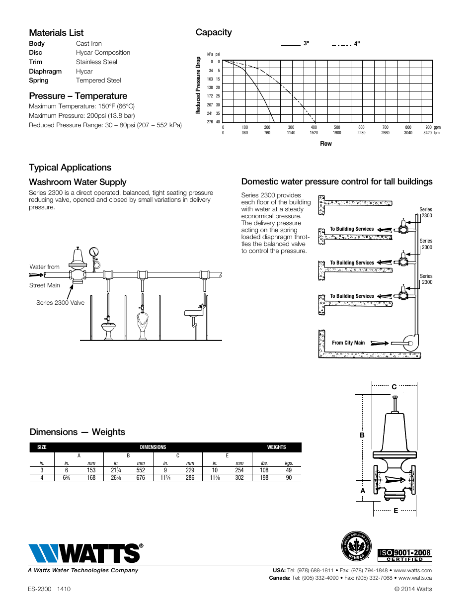 Materials list, Pressure – temperature, Typical applications | Dimensions — weights, Capacity, Washroom water supply, Domestic water pressure control for tall buildings | Watts 2300 User Manual | Page 2 / 2