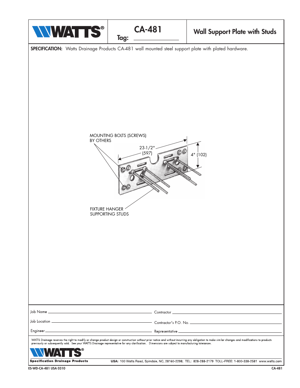 Watts CA-481 User Manual | 1 page