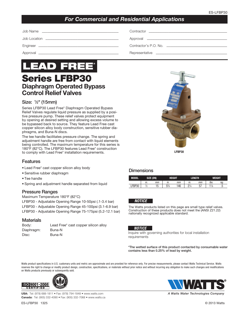 Watts LFBP30 User Manual | 1 page