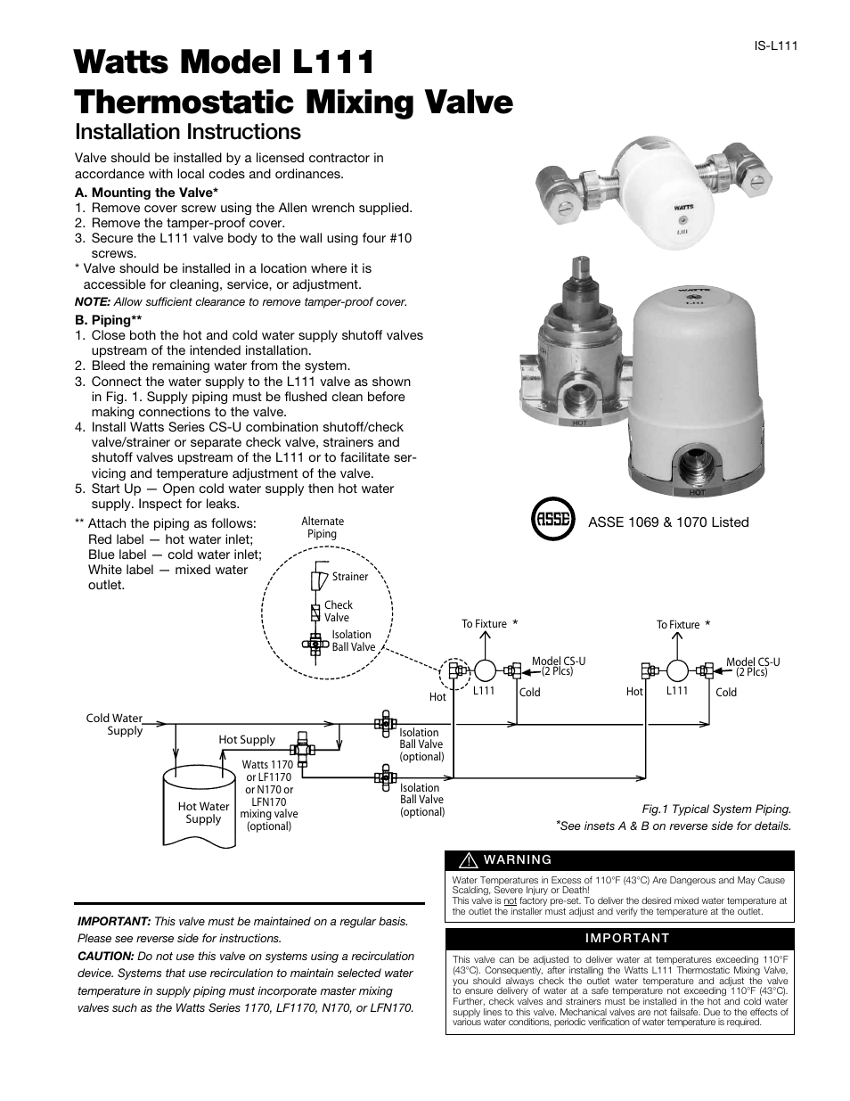 Watts L111 User Manual | 2 pages