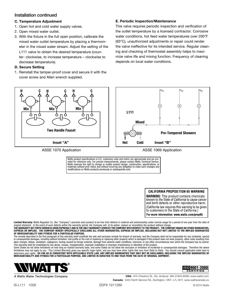 Installation continued | Watts L111 User Manual | Page 2 / 2