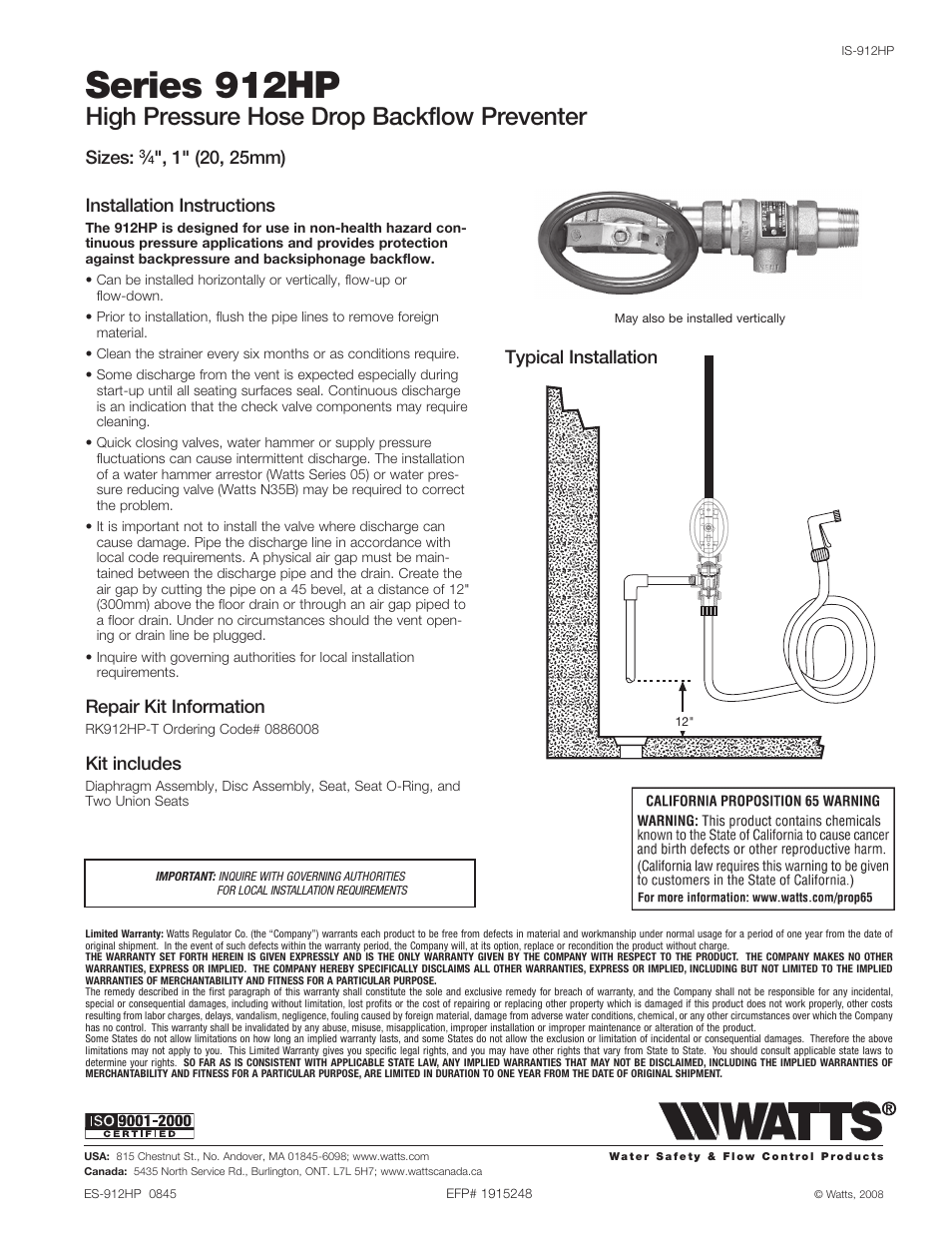 Watts 912HP User Manual | 1 page