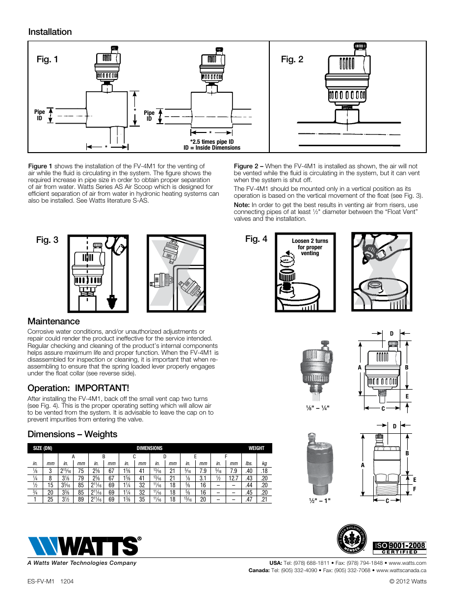 Installation fig. 2, Fig. 1 fig. 4, Fig. 3 | Maintenance, Operation: important, Dimensions – weights | Watts FV-4 User Manual | Page 2 / 2