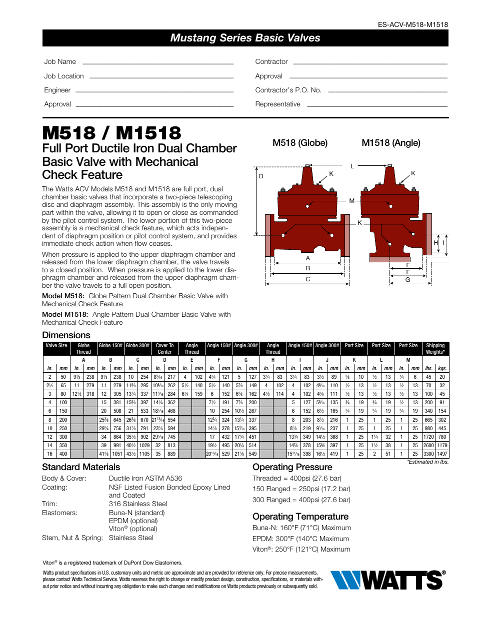 Watts M518 / M1518 User Manual | 2 pages