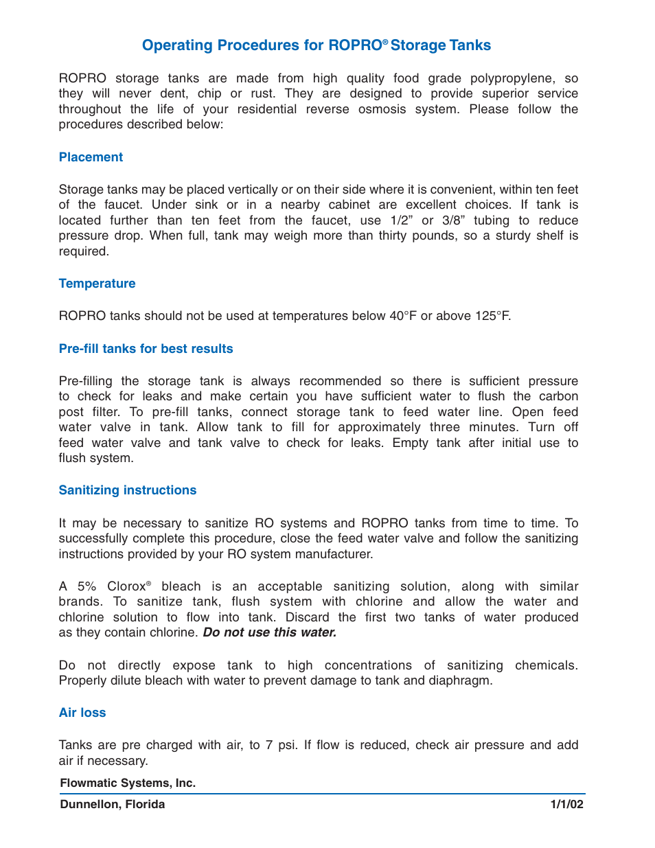 Operating procedures for ropro, Storage tanks | Watts ROPRO4-W User Manual | Page 2 / 2