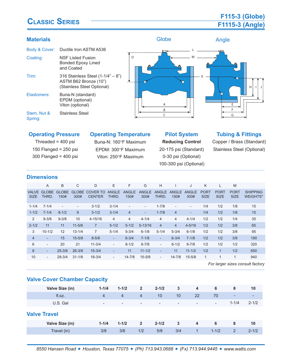 Lassic, Eries, Materials | Globe angle | Watts F1115-3 User Manual | Page 2 / 7