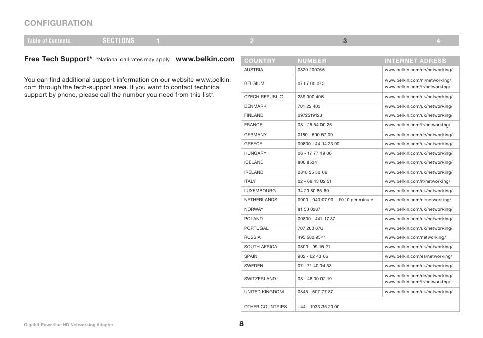 Configuration, Free tech support | Belkin F5D4076 User Manual | Page 10 / 14