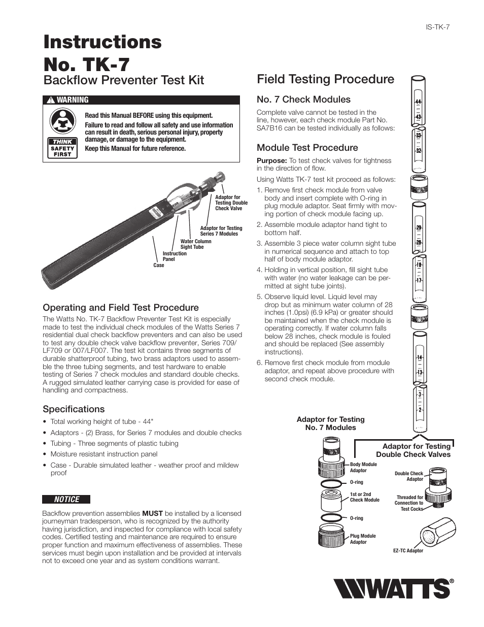 Watts TK-7 User Manual | 2 pages