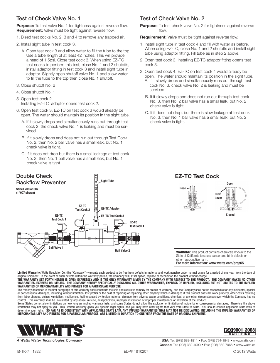 Double check backflow preventer, Test of check valve no. 1, Test of check valve no. 2 | Ez-tc test cock | Watts TK-7 User Manual | Page 2 / 2